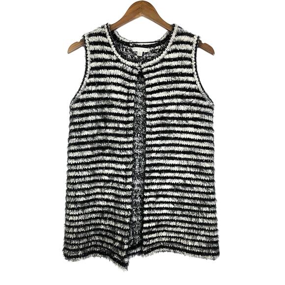 Spense | Black & White Stripe Fuzzy Eyelash Knit Sleeveless Cardigan SweaterVest - Picture 1 of 7